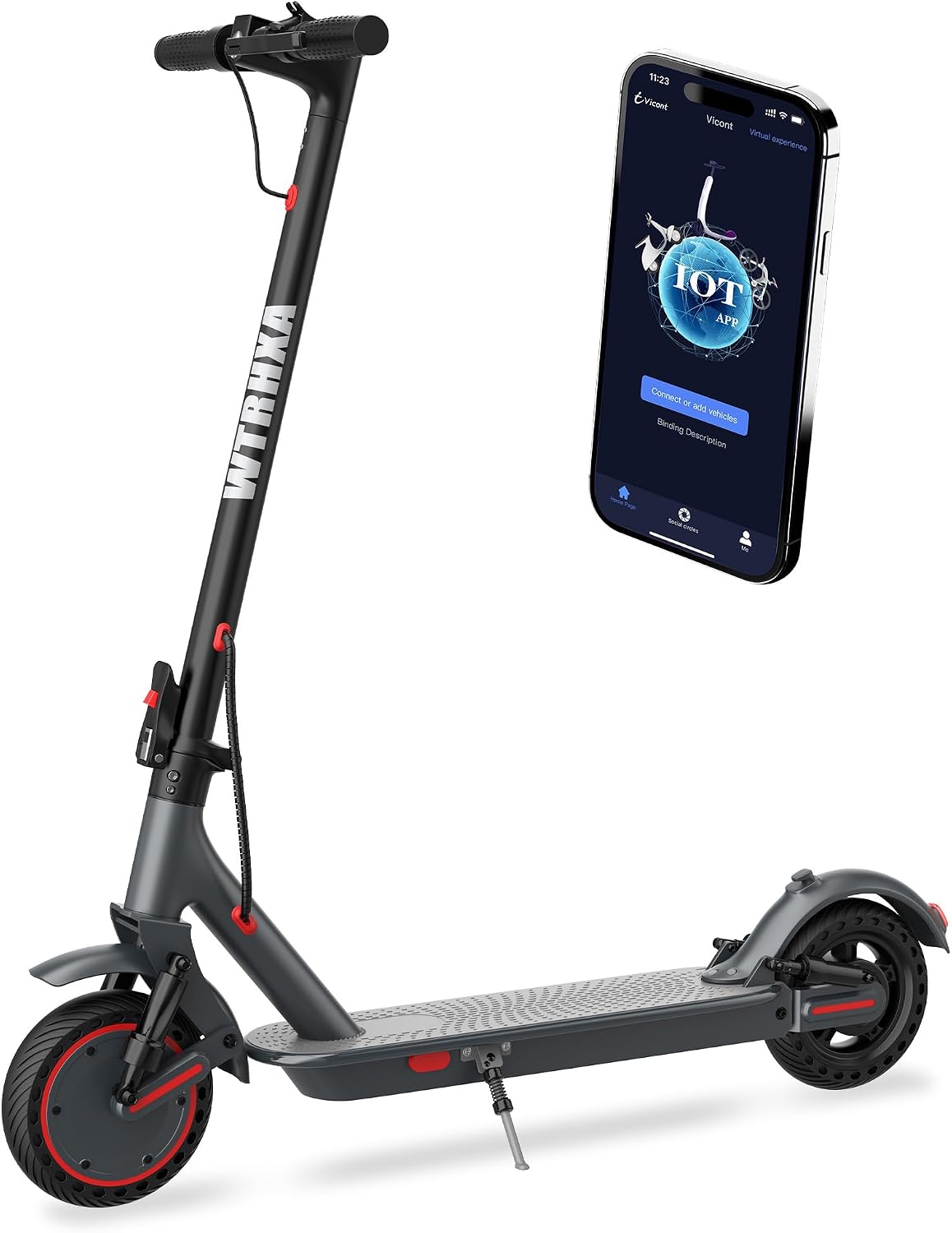 WTRHXA 500W commuter electric scooter in black and gray with red rim trim, front fork suspension and a phone showing the pairing screen of the app