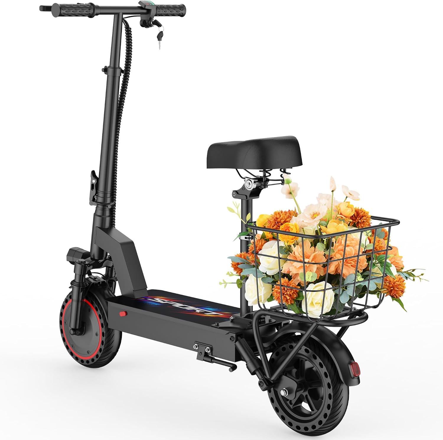 Black WTRHXA 500W seated electric scooter with a padded seat and a rear wire basket full of flowers