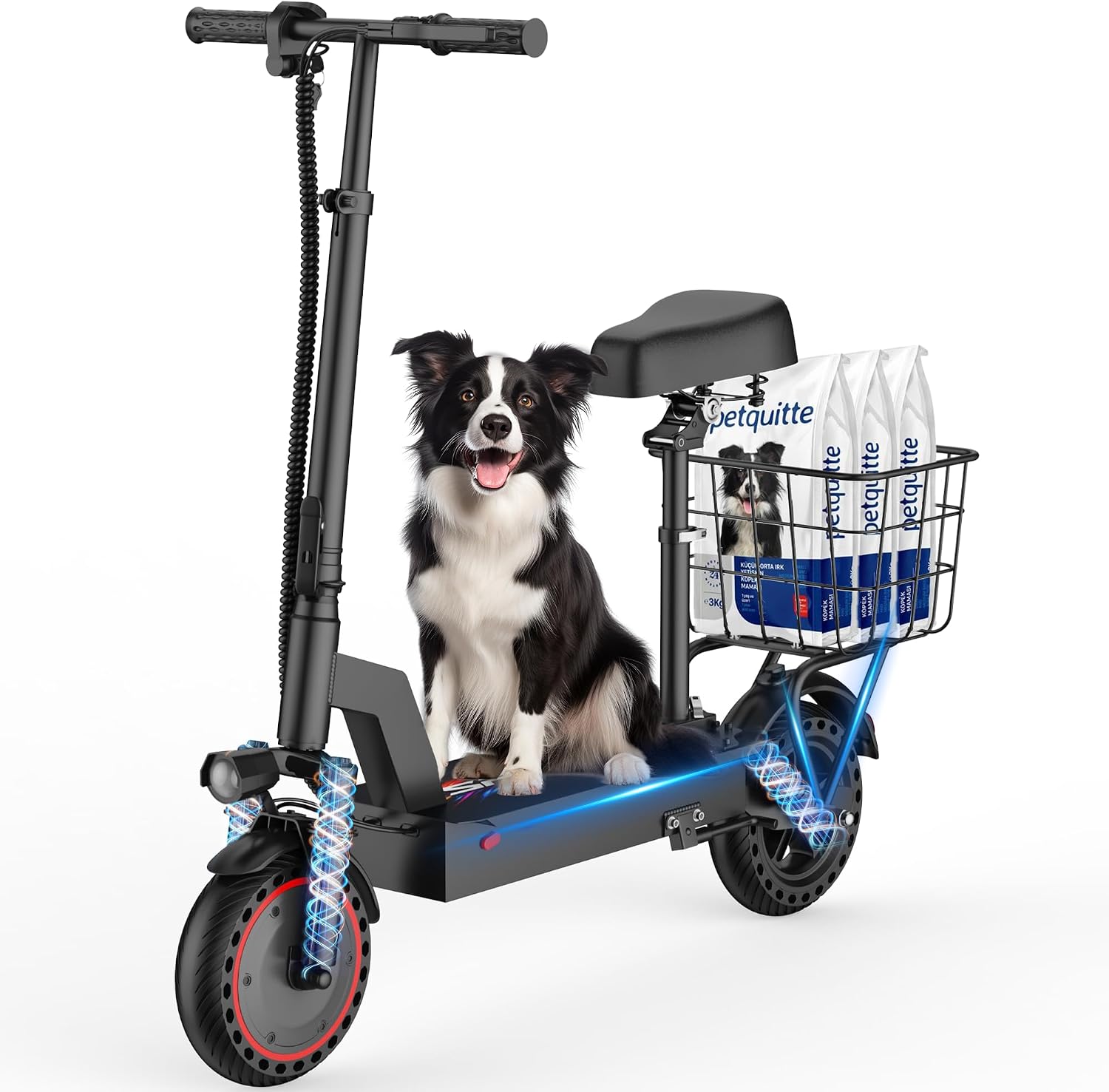 Black WTRHXA 500W seated electric scooter with front and rear spring suspension, a padded seat and a rear wire basket, a dog sitting on the wide deck