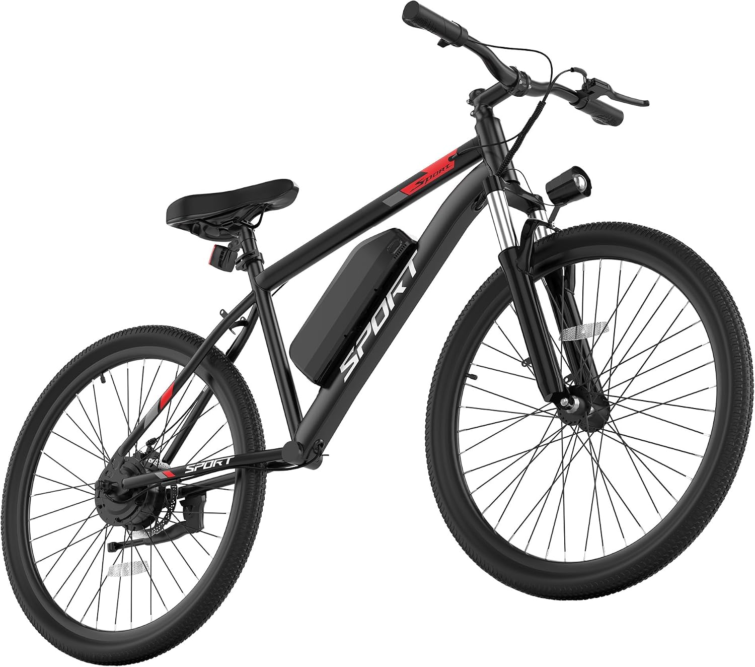 Black WTRHXA electric bike with red SPORT graphics, front suspension fork, headlight and a battery pack mounted on the down tube