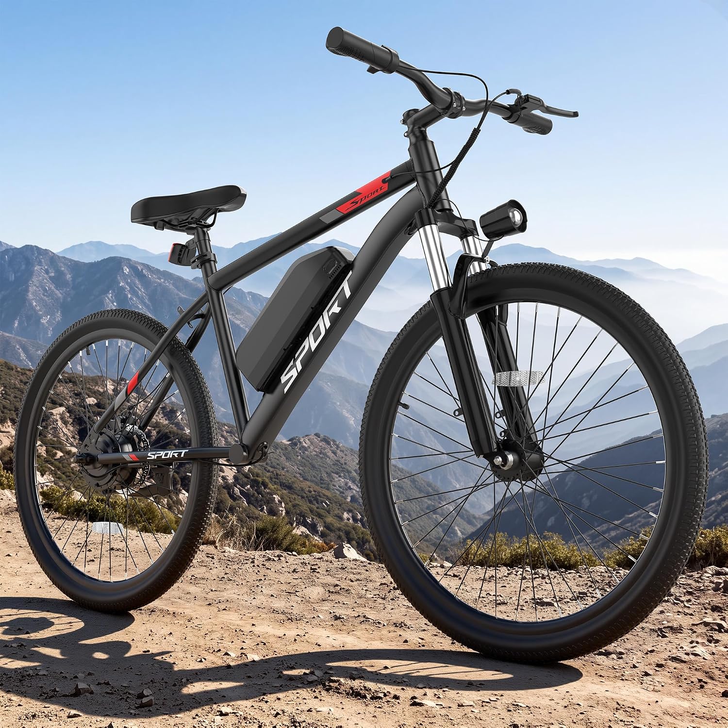 Black WTRHXA 26-inch electric bike with front suspension and a frame-mounted battery parked on a dirt trail above a mountain valley