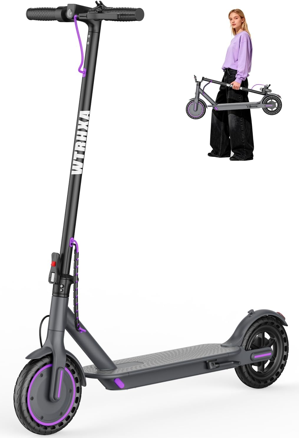 WTRHXA W2 electric scooter in black and gray with purple accents, and a rider carrying the same scooter folded in one hand