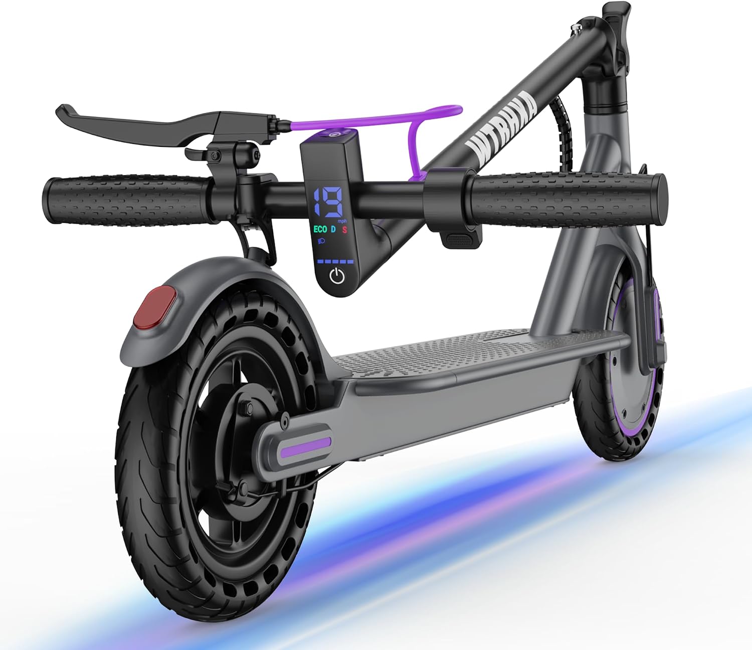 WTRHXA W2 handlebar display showing 19 mph, ECO, D and S speed modes and the battery bar, above an 8.5-inch solid rear tire
