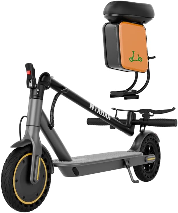 WTRHXA W2 electric scooter in gray with yellow wheel trim, folded, next to its padded seat and orange storage bag