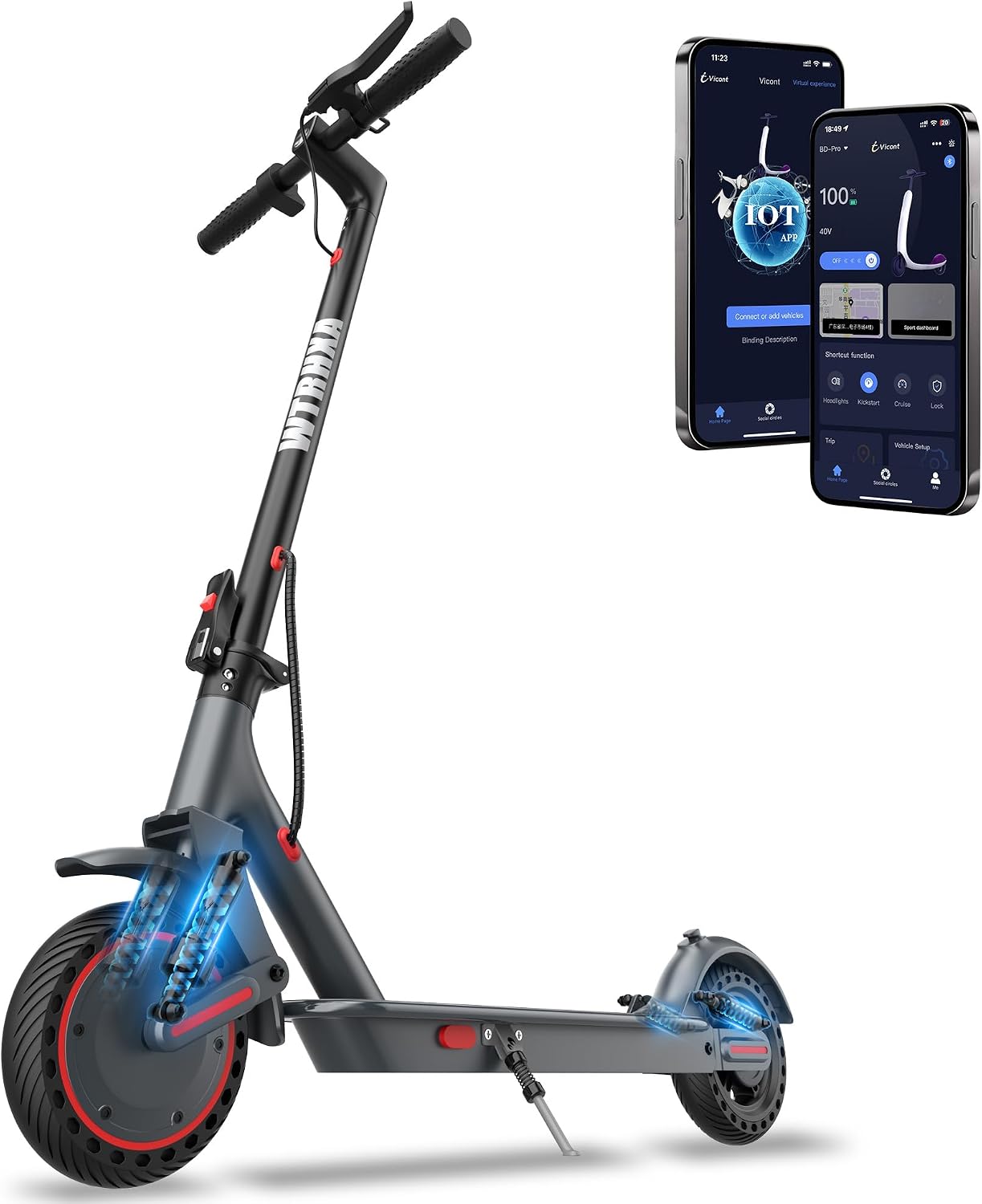 WTRHXA W5 Pro electric scooter in black and gray with red trim, front and rear suspension highlighted, beside two phones showing the scooter app